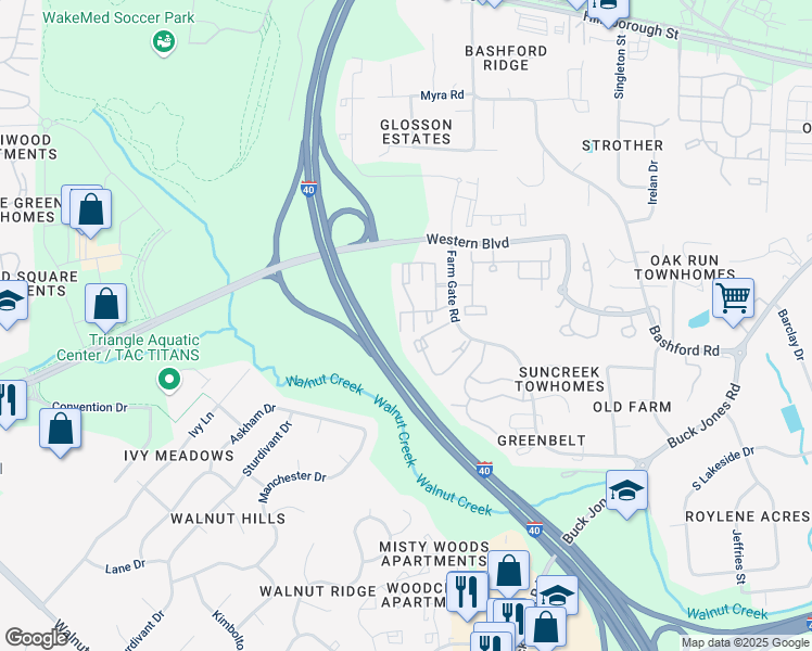 map of restaurants, bars, coffee shops, grocery stores, and more near 6500 Daybrook Circle in Raleigh
