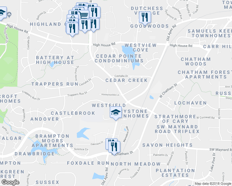 map of restaurants, bars, coffee shops, grocery stores, and more near 102 Honeysuckle Lane in Cary