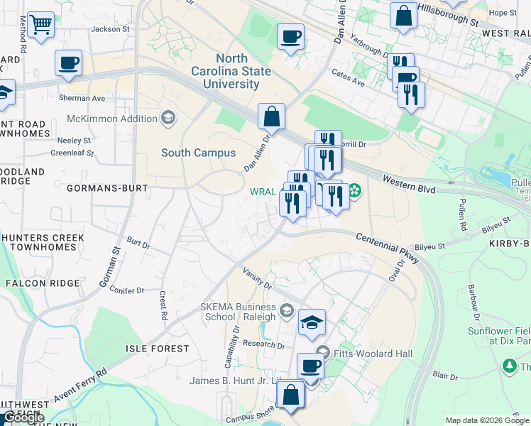 map of restaurants, bars, coffee shops, grocery stores, and more near 2317 Champion Court in Raleigh