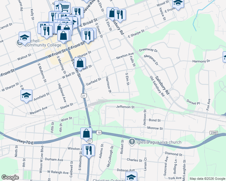 map of restaurants, bars, coffee shops, grocery stores, and more near 646 Harrison Street in Statesville