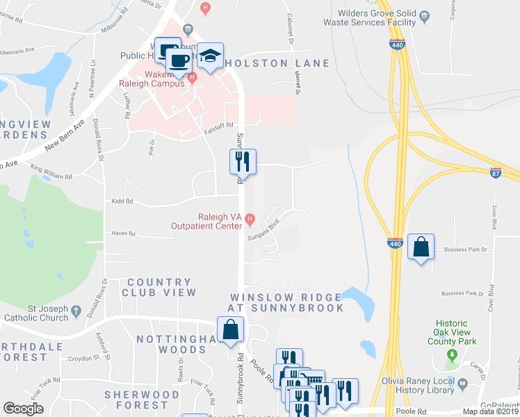 map of restaurants, bars, coffee shops, grocery stores, and more near 217 Sunnybrook Road in Raleigh
