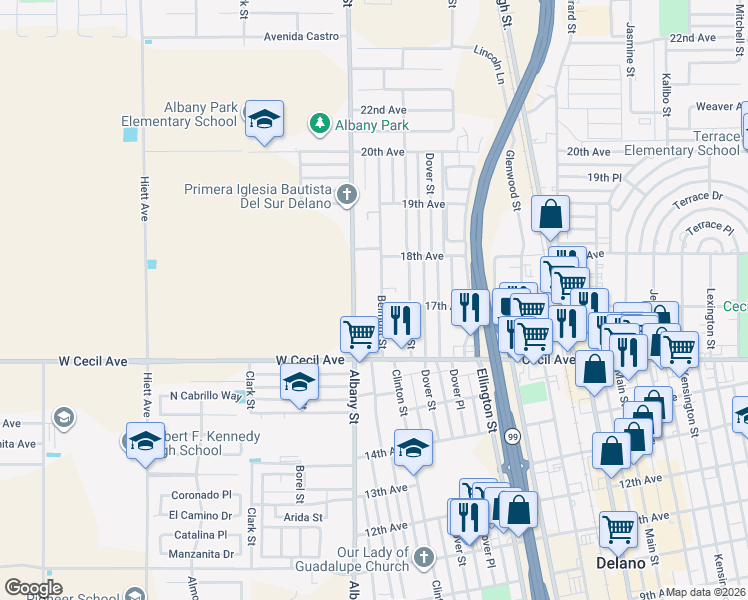 map of restaurants, bars, coffee shops, grocery stores, and more near 1701 Belmont Street in Delano
