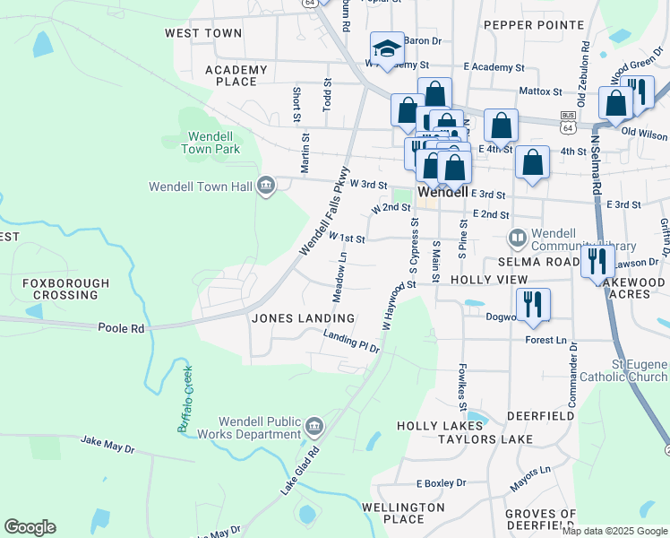 map of restaurants, bars, coffee shops, grocery stores, and more near 302 Meadow Lane in Wendell
