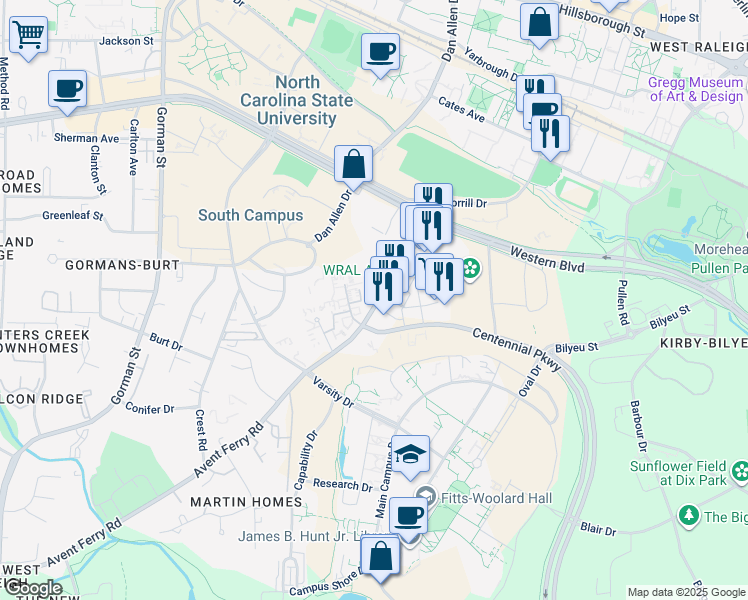 map of restaurants, bars, coffee shops, grocery stores, and more near 2200 Avent Ferry Road in Raleigh