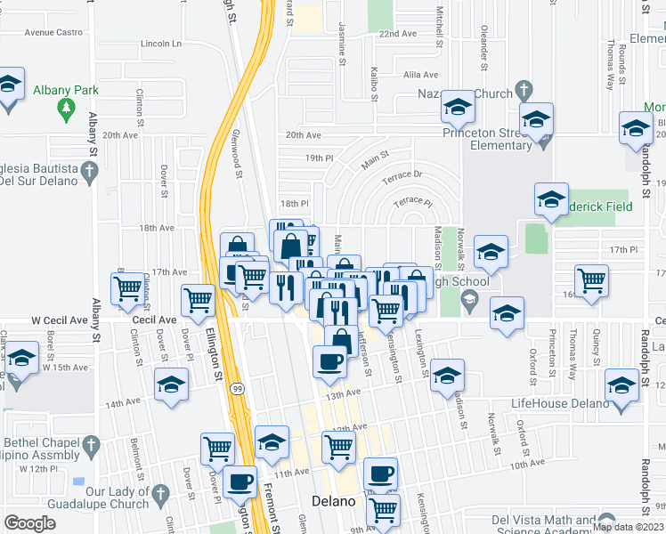 map of restaurants, bars, coffee shops, grocery stores, and more near 815 17th Avenue in Delano