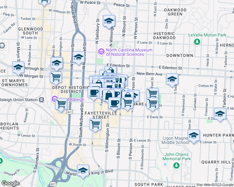 map of restaurants, bars, coffee shops, grocery stores, and more near 112 East Hargett Street in Raleigh