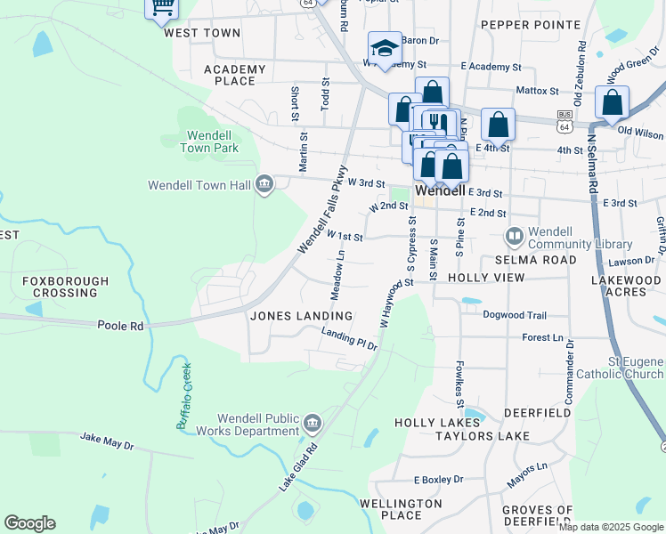map of restaurants, bars, coffee shops, grocery stores, and more near 302 Meadow Lane in Wendell
