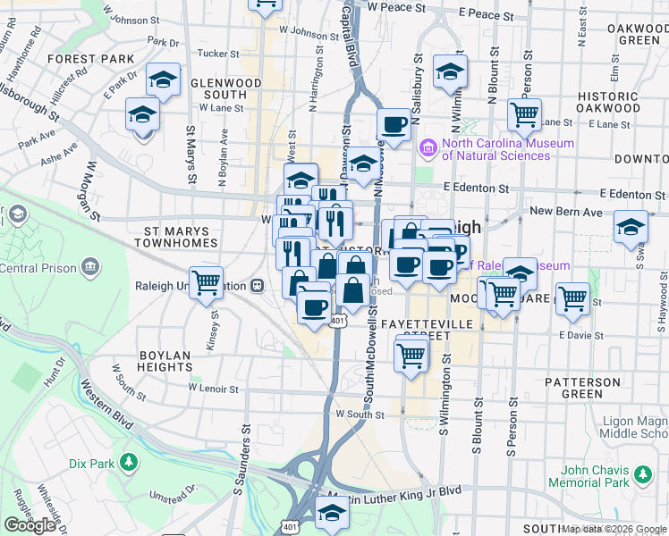 map of restaurants, bars, coffee shops, grocery stores, and more near 311 West Hargett Street in Raleigh