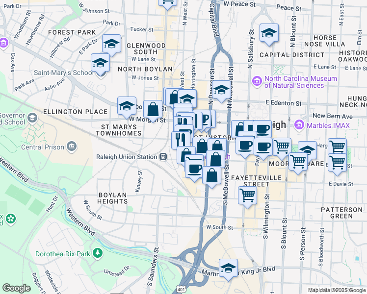 map of restaurants, bars, coffee shops, grocery stores, and more near 213 South Harrington Street in Raleigh