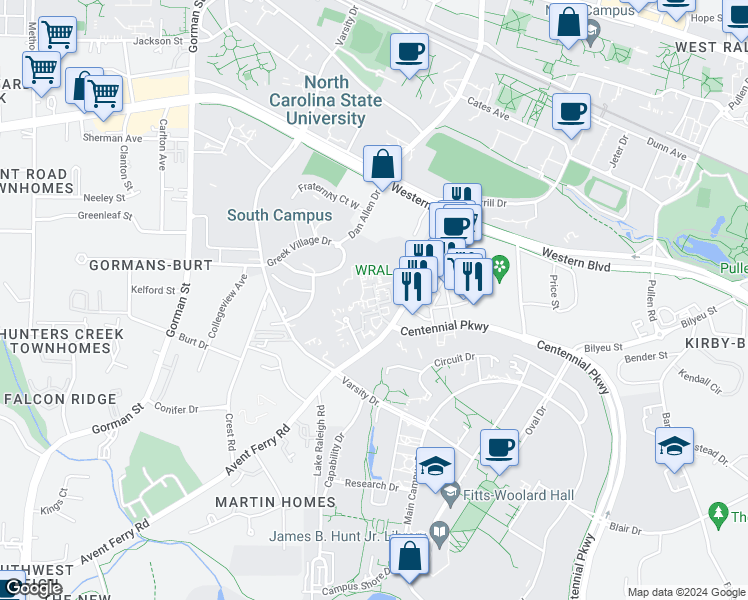 map of restaurants, bars, coffee shops, grocery stores, and more near 2352 Champion Court in Raleigh