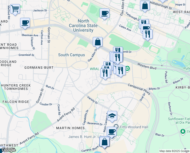map of restaurants, bars, coffee shops, grocery stores, and more near 2317 Champion Court in Raleigh