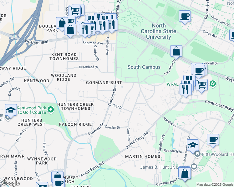 map of restaurants, bars, coffee shops, grocery stores, and more near 1501 Gorman Street in Raleigh