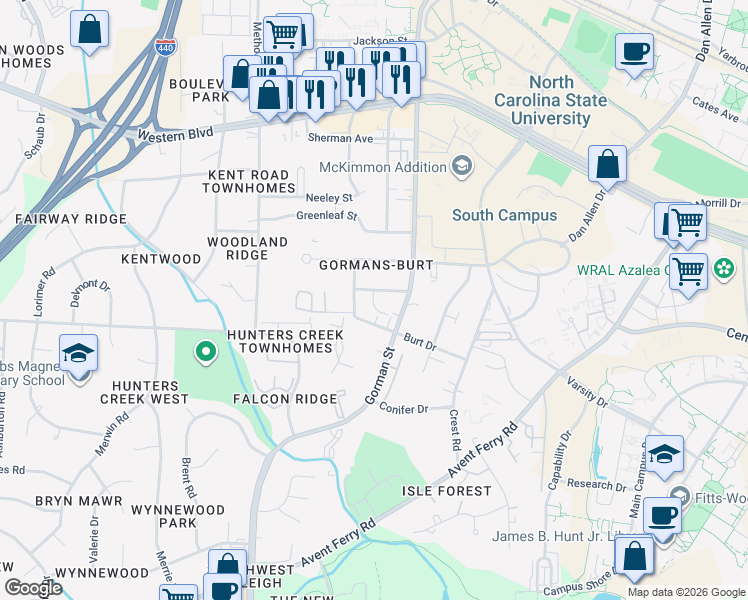 map of restaurants, bars, coffee shops, grocery stores, and more near 3805 Kelford Street in Raleigh