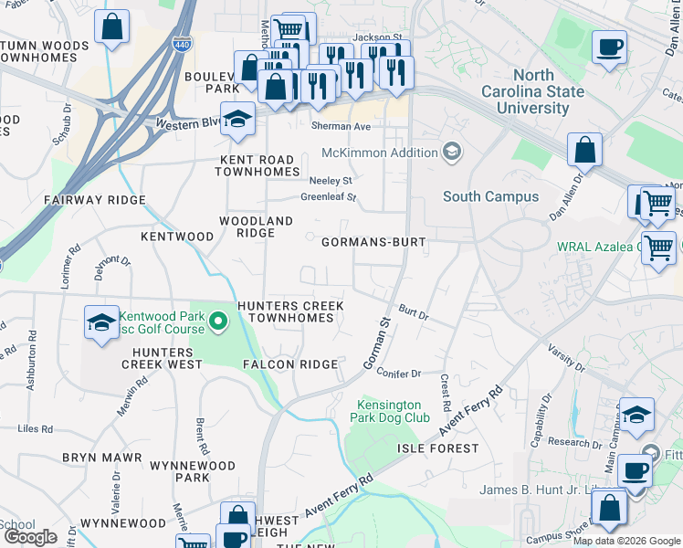 map of restaurants, bars, coffee shops, grocery stores, and more near 3833 Kelford Street in Raleigh