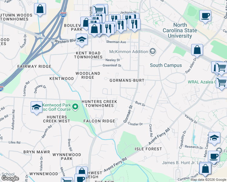 map of restaurants, bars, coffee shops, grocery stores, and more near 3833 Kelford Street in Raleigh