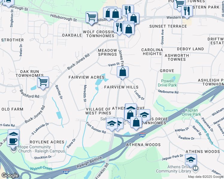 map of restaurants, bars, coffee shops, grocery stores, and more near 5201 Deer Haven Drive in Raleigh