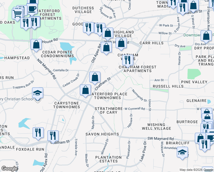 map of restaurants, bars, coffee shops, grocery stores, and more near 200 Danforth Drive in Cary