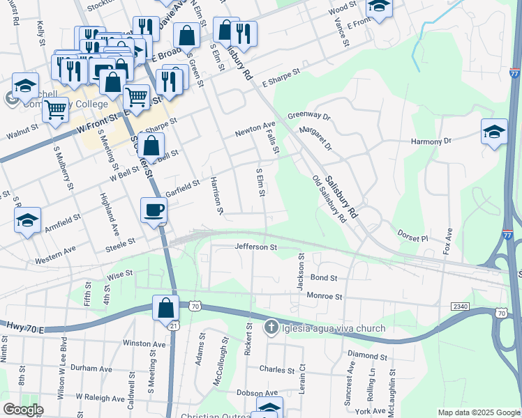 map of restaurants, bars, coffee shops, grocery stores, and more near 401 Chambers Street in Statesville