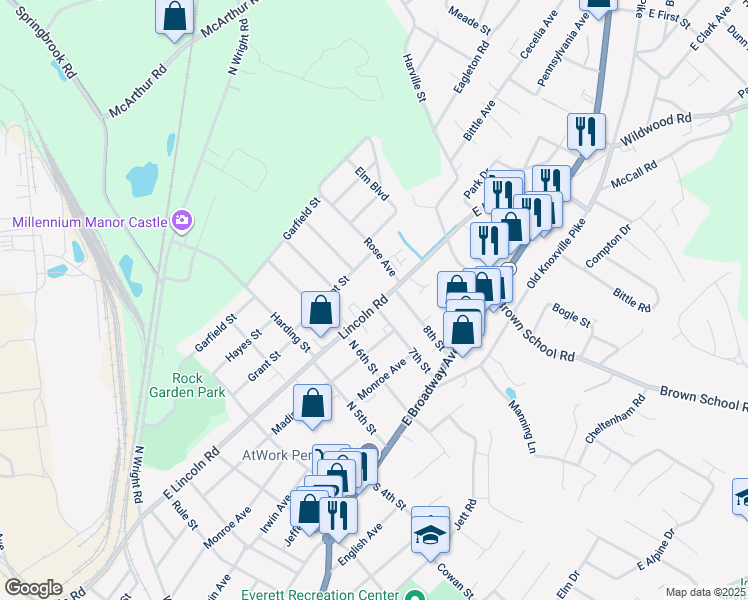 map of restaurants, bars, coffee shops, grocery stores, and more near 313 Lincoln Road in Maryville