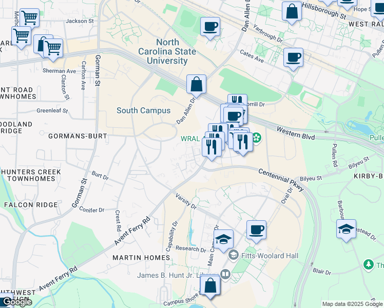 map of restaurants, bars, coffee shops, grocery stores, and more near 2317 Champion Court in Raleigh