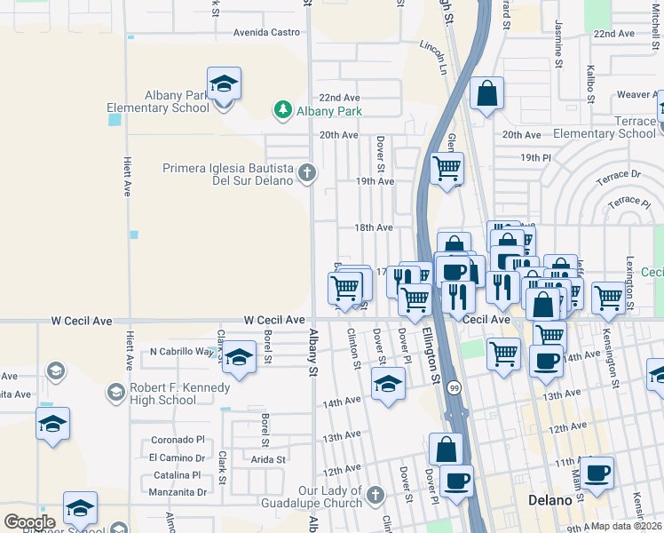 map of restaurants, bars, coffee shops, grocery stores, and more near 1701 Belmont Street in Delano