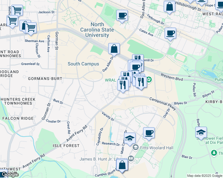 map of restaurants, bars, coffee shops, grocery stores, and more near 2311 Champion Court in Raleigh