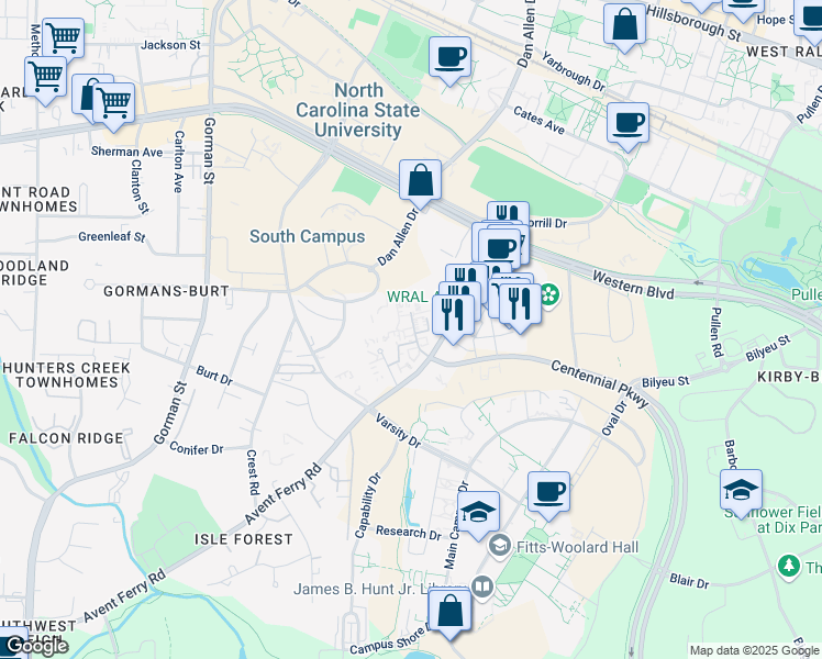 map of restaurants, bars, coffee shops, grocery stores, and more near 2355 Champion Court in Raleigh