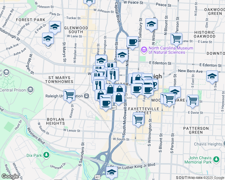 map of restaurants, bars, coffee shops, grocery stores, and more near 200 South Dawson Street in Raleigh