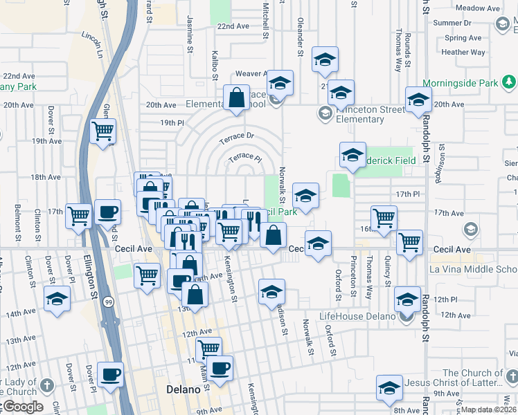 map of restaurants, bars, coffee shops, grocery stores, and more near 1703 Madison Street in Delano