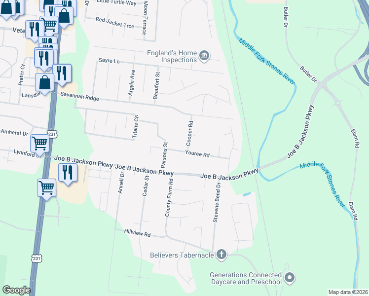 map of restaurants, bars, coffee shops, grocery stores, and more near 437 Youree Road in Murfreesboro
