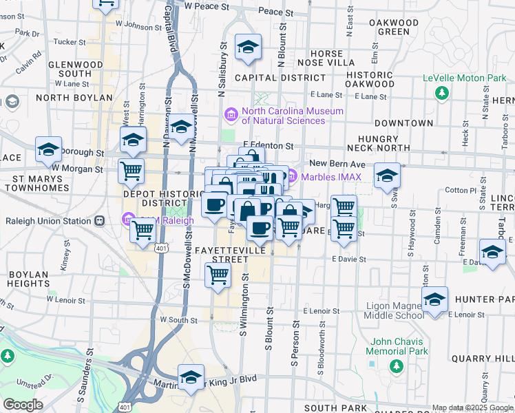 map of restaurants, bars, coffee shops, grocery stores, and more near 112 East Hargett Street in Raleigh