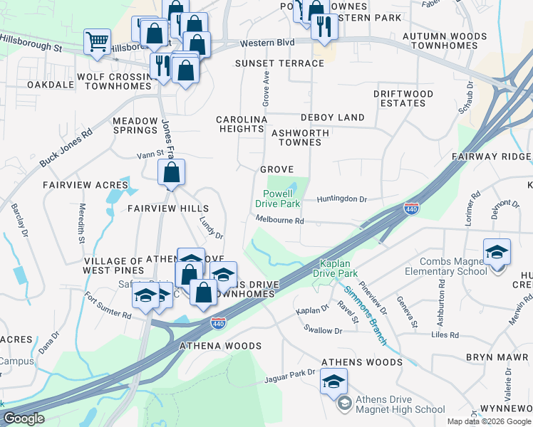 map of restaurants, bars, coffee shops, grocery stores, and more near 5224 Melbourne Road in Raleigh
