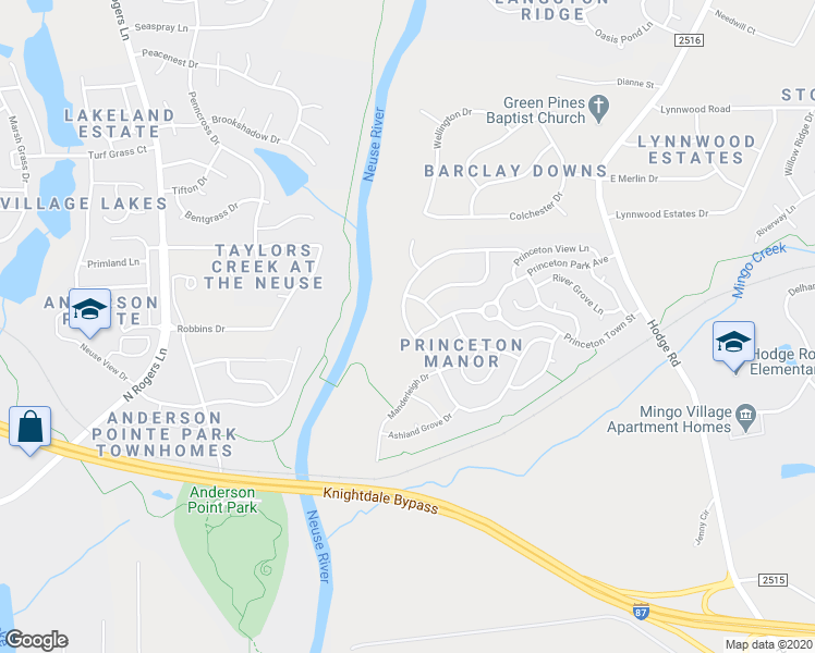 map of restaurants, bars, coffee shops, grocery stores, and more near 6004 Peachtree Town Lane in Knightdale