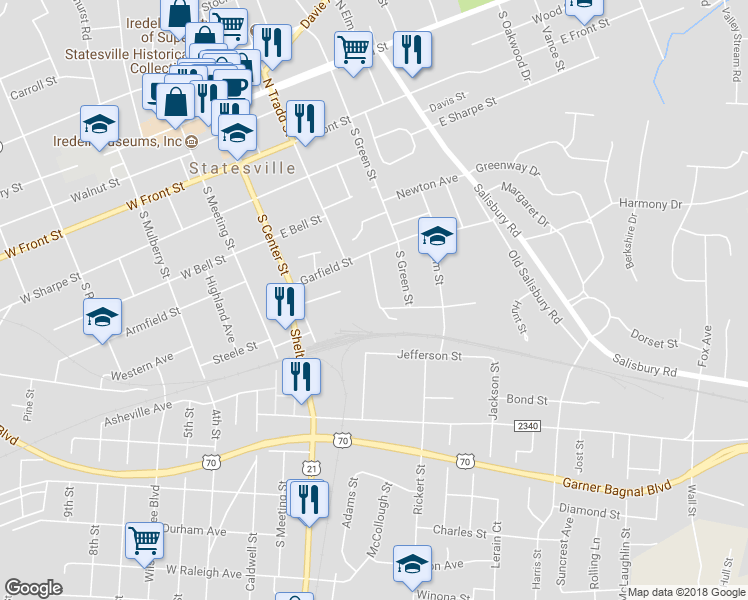map of restaurants, bars, coffee shops, grocery stores, and more near 646 Harrison Street in Statesville
