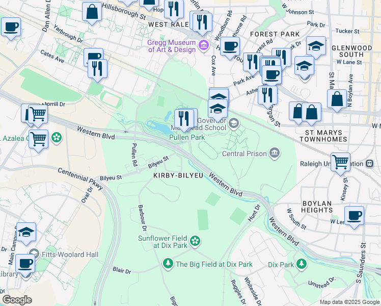 map of restaurants, bars, coffee shops, grocery stores, and more near 1508 Western Boulevard in Raleigh