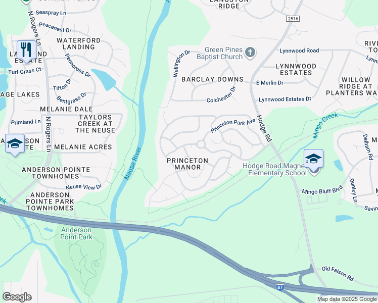 map of restaurants, bars, coffee shops, grocery stores, and more near 4002 Fern Cottage Lane in Knightdale