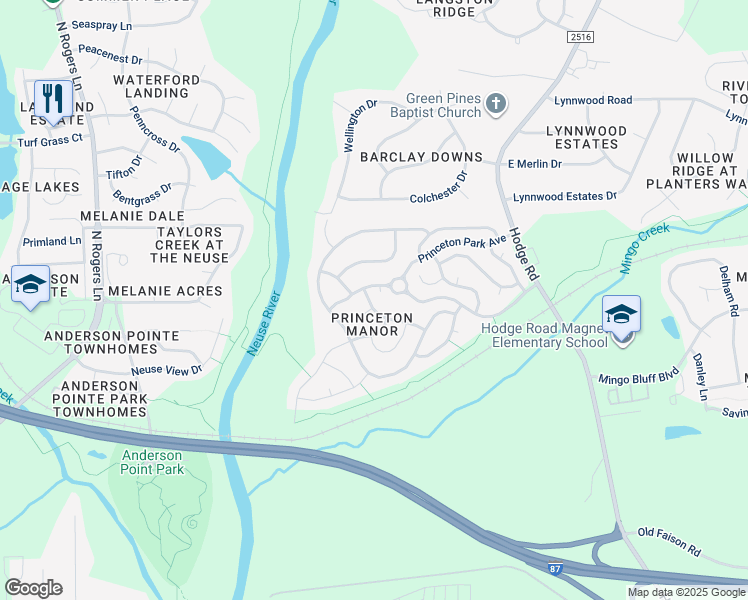 map of restaurants, bars, coffee shops, grocery stores, and more near 4002 Fern Cottage Lane in Knightdale