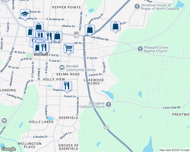 map of restaurants, bars, coffee shops, grocery stores, and more near 103 Lakewood Drive in Wendell