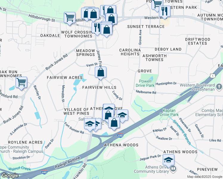 map of restaurants, bars, coffee shops, grocery stores, and more near 5127 Lundy Drive in Raleigh