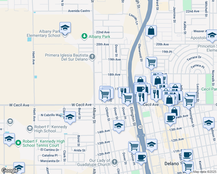 map of restaurants, bars, coffee shops, grocery stores, and more near 1705 Clinton Street in Delano