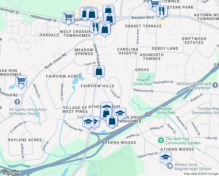 map of restaurants, bars, coffee shops, grocery stores, and more near 5127 Lundy Drive in Raleigh