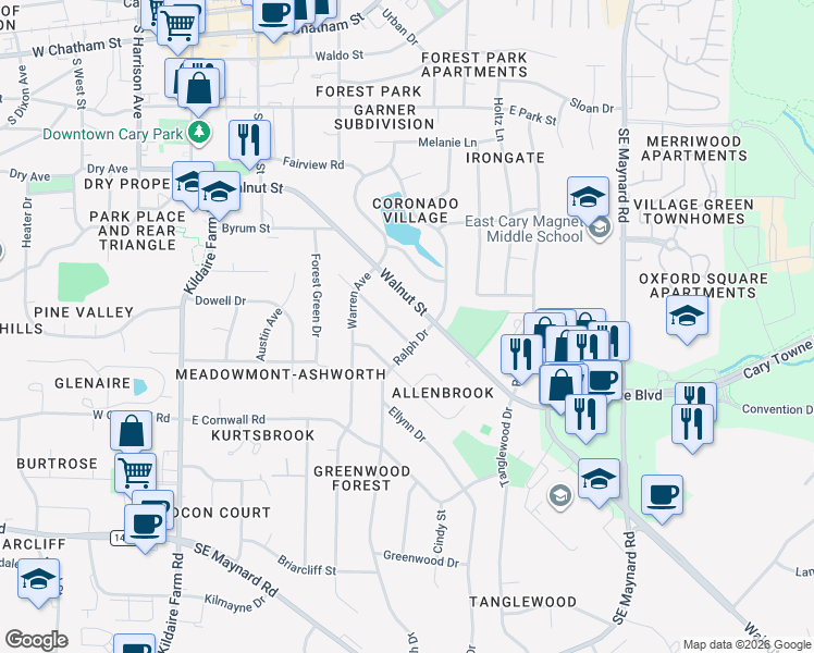 map of restaurants, bars, coffee shops, grocery stores, and more near 431 Pleasants Avenue in Cary