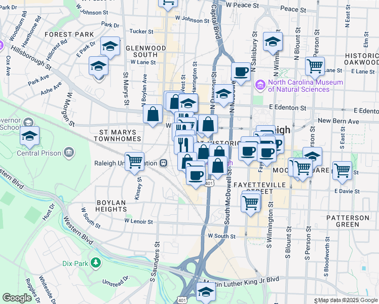 map of restaurants, bars, coffee shops, grocery stores, and more near 401 West Hargett Street in Raleigh