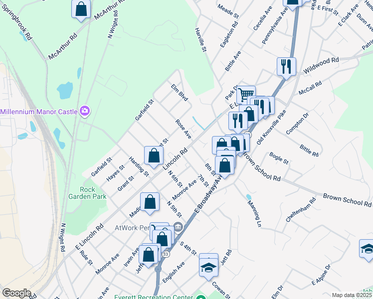map of restaurants, bars, coffee shops, grocery stores, and more near 313 Lincoln Road in Maryville
