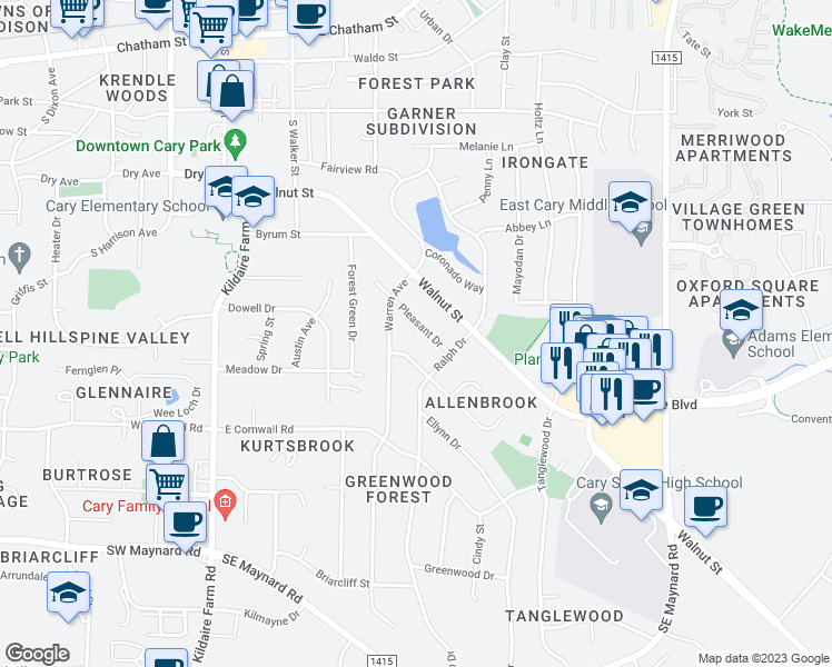 map of restaurants, bars, coffee shops, grocery stores, and more near 418 Pleasants Avenue in Cary