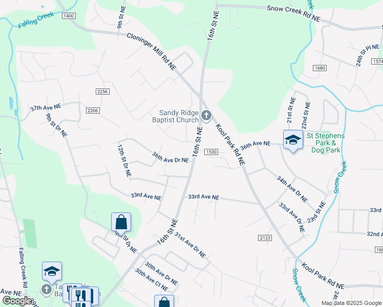 map of restaurants, bars, coffee shops, grocery stores, and more near 3531 16th Street Northeast in Hickory