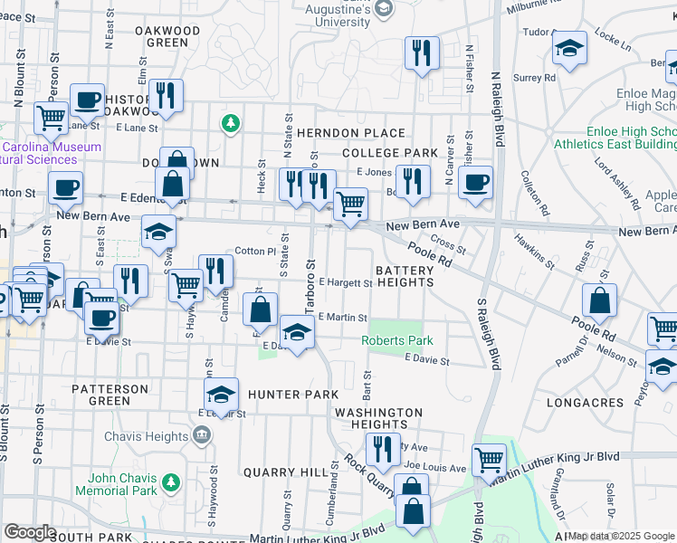 map of restaurants, bars, coffee shops, grocery stores, and more near 114 South Pettigrew Street in Raleigh