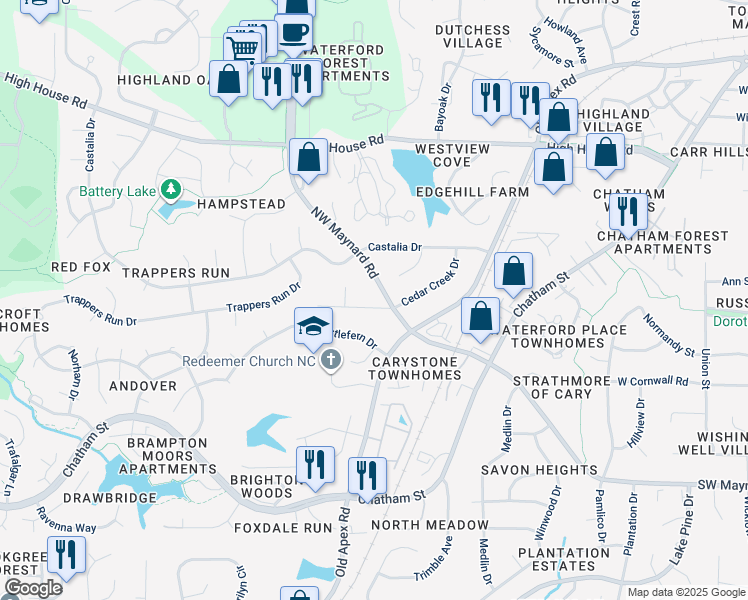 map of restaurants, bars, coffee shops, grocery stores, and more near 102 Honeysuckle Lane in Cary