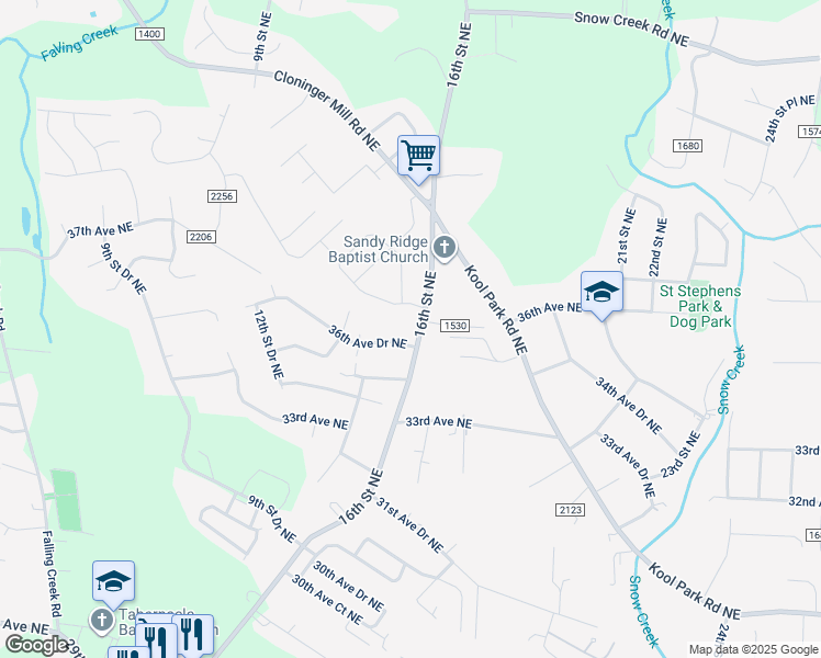 map of restaurants, bars, coffee shops, grocery stores, and more near 3531 16th Street Northeast in Hickory
