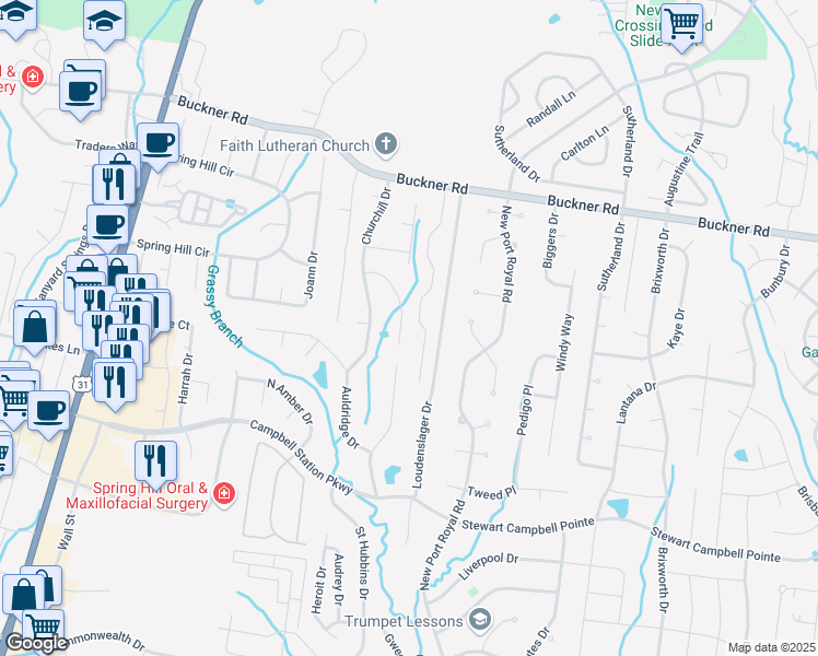 map of restaurants, bars, coffee shops, grocery stores, and more near 2943 Churchill Lane in Thompson's Station